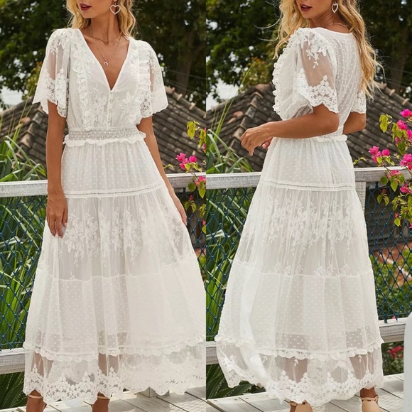 Boho gypsy lace dot maxi dress white tier Never Worn - Picture 4 of 5